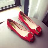 鞋子 女 韩版时尚性感漆皮金属扣方头浅口方跟低跟单鞋红色新娘鞋