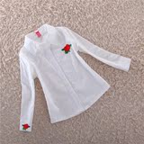 2016新款童装儿童女童春装韩版百搭白色玫瑰绣花翻领长袖衬衣衬衫