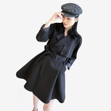 2016韩版修身显瘦 西装领纯色立体波浪下摆长袖系带中长款风衣 女