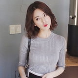 2016春秋装新款韩版圆领女士毛针织衫中袖套头毛衣七分袖修身上衣
