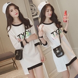 夏季新款女装大码韩版中长款镂空七分袖字母t恤竖条纹卫衣连衣裙