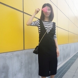 2016春夏新款韩版黑白条纹两件套装显瘦连衣裙女五分袖背带裙子潮