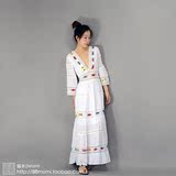小香民族风刺绣花朵连衣裙波西米亚白色沙滩裙棉麻拖地长裙蕾丝裙