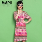 JMFIVE2016夏装新款时尚女装欧美高端修身收腰V领印花真丝连衣裙