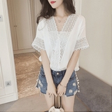 2016夏季新款韩版女装短袖宽松显瘦白色蕾丝雪纺衫镂空V领上衣女