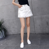 2016夏季新款时尚韩版百搭高腰A字裙显瘦白色破洞牛仔短裙半身裙