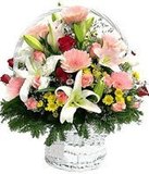 超级靓丽手提篮18朵戴安娜粉玫瑰百合花3枝 上海鲜花店陆家嘴送花