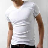 男式V领弹力纯棉短袖T恤净版白色男士加大码紧身衣运动休闲打底衫