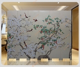 新中式现代简约手绘花鸟浅浮雕漆画屏风酒店背景客厅隔断装饰画