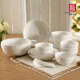 陶瓷餐具套装22头顺祥家用碗碟套装欧式简约一抹惊艳纯白浮雕碗盘