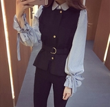 秋季新款2016韩版修身假两件衬衫外套女夏长袖POLO领条纹薄上衣潮