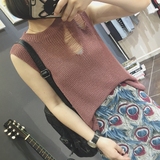 韩国东大门2016夏季新品潮款做旧破洞圆领无袖针织罩衫背心女上衣