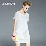 ZIMMUR2016夏装新款女装圆领短袖欧美时尚气质直筒蕾丝连衣裙中裙