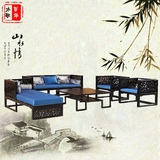现代中式实木贵妃椅禅意布艺镂空雕花沙发茶几组合客厅样板间家具