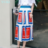 YUKI2016夏季新款拼色几何图案雪纺百褶半身裙显瘦百搭松紧腰