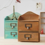 zakka杂货复古做旧化妆品储物柜 二层小抽屉实木收纳盒