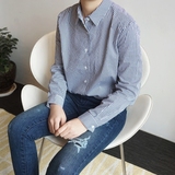 2016秋季新款蓝白竖条纹衬衫女装韩国翻领长袖直筒显瘦纯棉衬衣OL