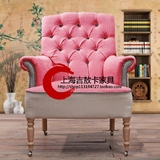 上海北欧宜家布艺麻布浅灰色白色粉红色布艺拼接单人软包拉扣沙发