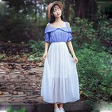 夏季韩版少女学院风格子连衣裙女装可爱学生雪纺百褶露肩中长裙子