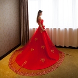 红色婚纱新娘2016冬季新款一字领韩版婚纱 长袖蕾丝拖尾婚纱定制