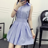 新款韩版短裙子夏季女生大码显瘦蓝色条纹无袖衬衫连衣裙小清新