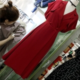 韩国东大门2016夏季新款 LAMIN 酒红色修身显瘦收腰中长款连衣裙