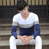 春秋季韩版圆领长袖t恤 男式纯棉修身条纹拼接时尚青年薄款打底衫