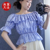 韩版时尚短袖娃娃领两穿一字肩花藤棉麻印花短款上衣荷叶边衬衫夏