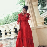 新款原创品牌涤纶烂花绡民族风气质修身红色婚纱礼服中长连衣裙女