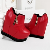春季新款短靴内增高女鞋红色高跟靴子坡跟欧美厚底马丁靴女士鞋子