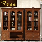 美式实木书柜 欧式胡桃木烤漆三门大书柜 自由组合玻璃两门书柜
