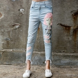 2016欧洲站夏季牛仔裤女新款弹力显瘦卡通贴布图案九分铅笔小脚裤