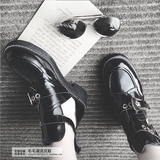 毛毛家2016秋季韩国鞋黑色漆皮皮带扣粗跟中跟搭扣短靴女机车靴潮