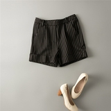 日本设计 专柜500+ 罗马布竖条纹卷边直筒短裤 女