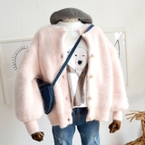 2016韩国东大门新款粉色珍珠扣加厚水貂绒圆领中长款开衫毛衣外套