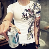 夏季韩版修身印花龙图案t恤男短袖社会人霸气大码短轴T恤纹身衣服