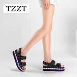 TZZT2016夏新款魔术贴LED灯发光凉鞋女夜光鞋USB充电松糕厚底凉鞋