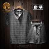 夏季套装V领格子短袖T恤 男日系潮男宽松韩版个性半袖小清新体恤