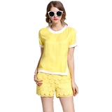 刘雯同款黄色雪纺短袖T恤蕾丝短裤套装女夏时尚2016名媛宽松显瘦