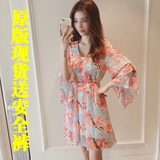 6度2016夏季女装新款韩版荷叶袖宽松腰雪纺连衣裙中裙套装两件套