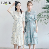 LRUD2016夏季新款韩版花边领系带碎花连衣裙女中长款雪纺荷叶边裙