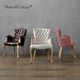 HC 法式乡村复古实木框布餐椅 欧美客厅咖啡厅个性拉扣老虎沙发椅