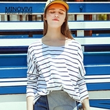 MINOVIVI欧洲站原创不规则休闲宽松长袖条纹T恤女纯棉运动衫