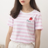 2016韩国新款学院风新品刺绣草莓甜美小清新纯棉条纹短袖女T恤