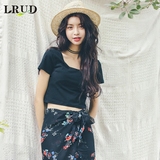 LRUD2016夏季新款韩版纯色圆领露脐短袖T恤女弹力修身短款打底衫
