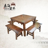 实木火烧木餐桌椅组合 木质方桌配 长条凳  餐厅饭店农家乐桌凳