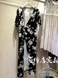 绸缎面料2016新款日本和服收腰系带蝴蝶结黑白黑色花朵连衣裙