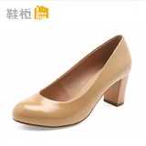 SHOEBOX/鞋柜秋冬新款纯色漆皮圆头女高跟鞋粗跟浅口坡跟休闲单鞋