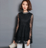 2015冬季新款韩版女装钉珠加绒加厚长袖T恤中长款蕾丝打底衫