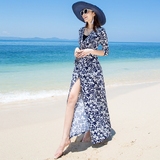 波西米亚长裙修身显瘦沙滩裙海边度假高腰中长袖开叉连衣裙夏季女